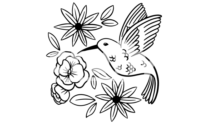 Hummingbird And Flowers | Line Art SVG Cut File | Crafty